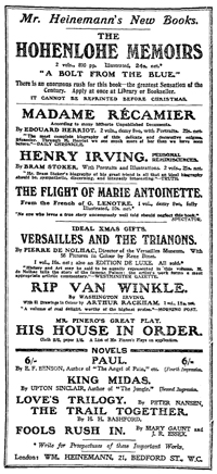 Personal Reminiscences of Henry Irving Publication Notice